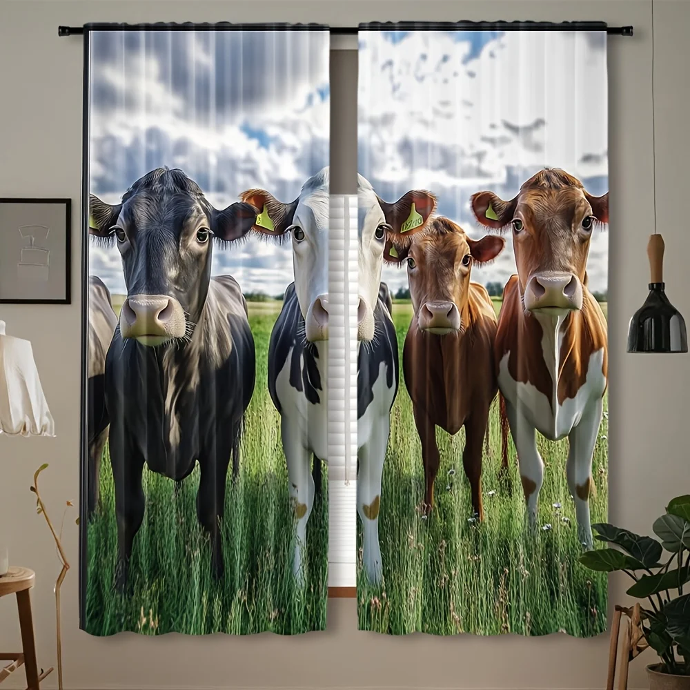 Vivid Realistic Farm Cattle Blackout Rod Pocket Curtain Green Meadow Cloud Sky Decor Country Homestay Living Rest Bay Window