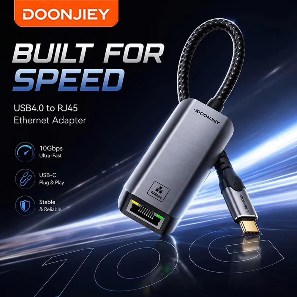 DOONJIEY 10G Ethernet Adapter 10000Mbps USB4 Type C to RJ45 Network Card Compatible Thunderbolt 3/4 For Office Laptop MacBook