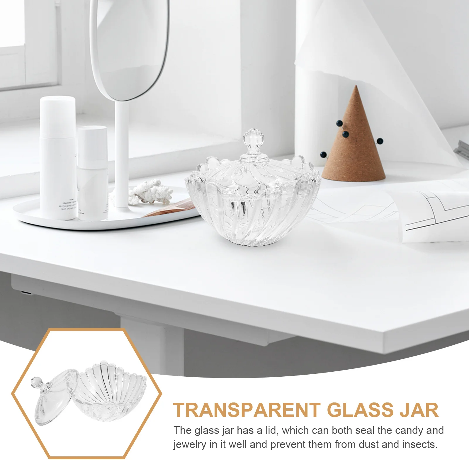 

Embossed Glass Jar with Lid Clear Candy Storage Container Large Mouth Glass Jewelry Holder Transparent Kitchen Pantry Canister