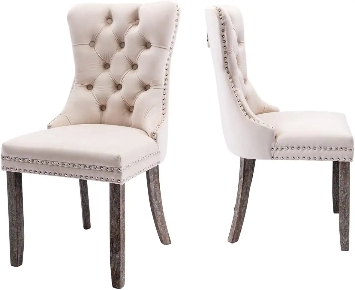 

Velvet Upholstered Dining Chairs Set of 2, Wingback Dining Room Chairs with Ring Pull Trim and Button Back, Luxury Tufted Dining