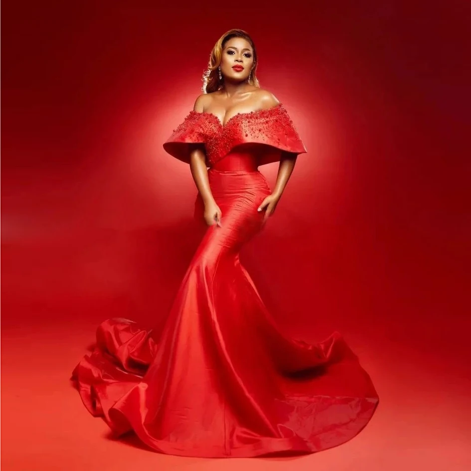 Stunning Red Satin Aso Ebi Mermaid Prom Dresses Off the Shoulder Beaded Pearls African Formal Occasion Dresses Plus Size Lace Up