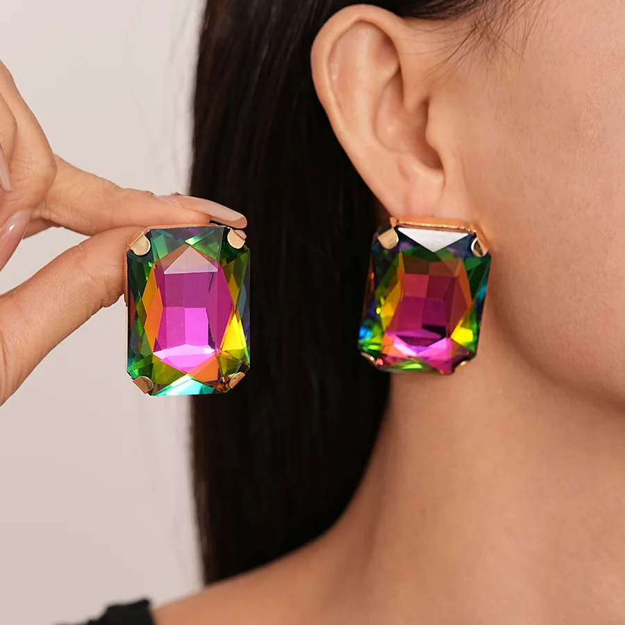 

Multicolor Big Rhinestone Earrings for Women Exaggerated Geometric Square Stud Earrings Bridal Wedding Party Ear Jewelry