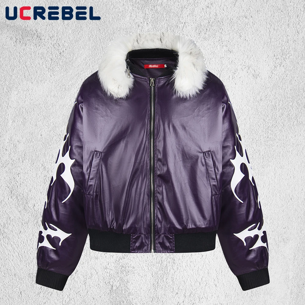 Męska kurtka retro z nadrukiem, pikowana, w stylu Y2k, zimowa, gruba, z długim rękawem, z futrzanym kołnierzem, ocieplana.