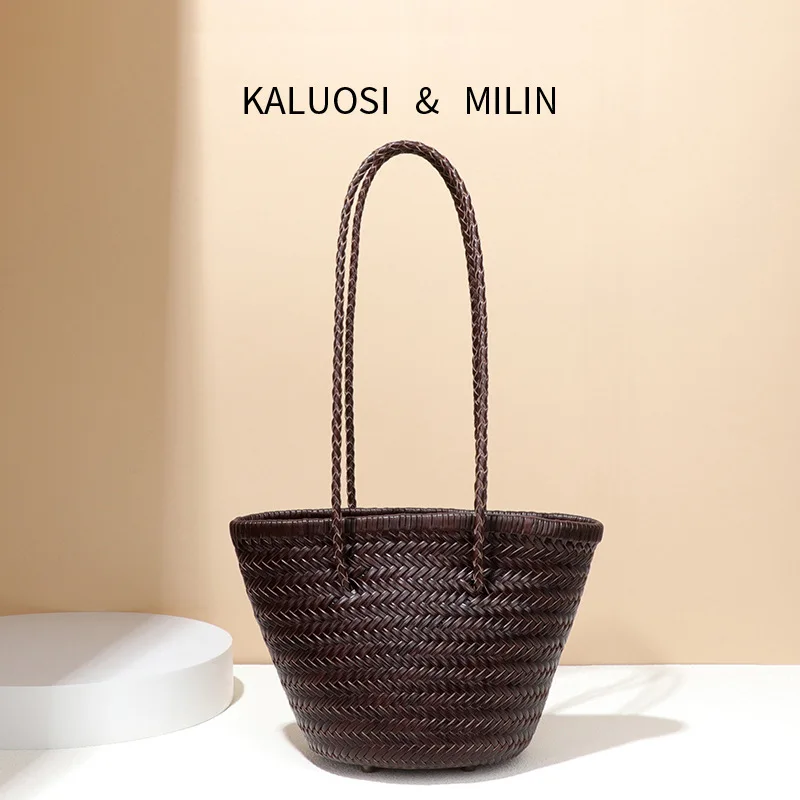 

2025 Brown Woven Shoulder Bag for Women, Retro Handwoven Drawstring Shoulder Shopper Purse, Beach Handbag, PU Leather Vegetable