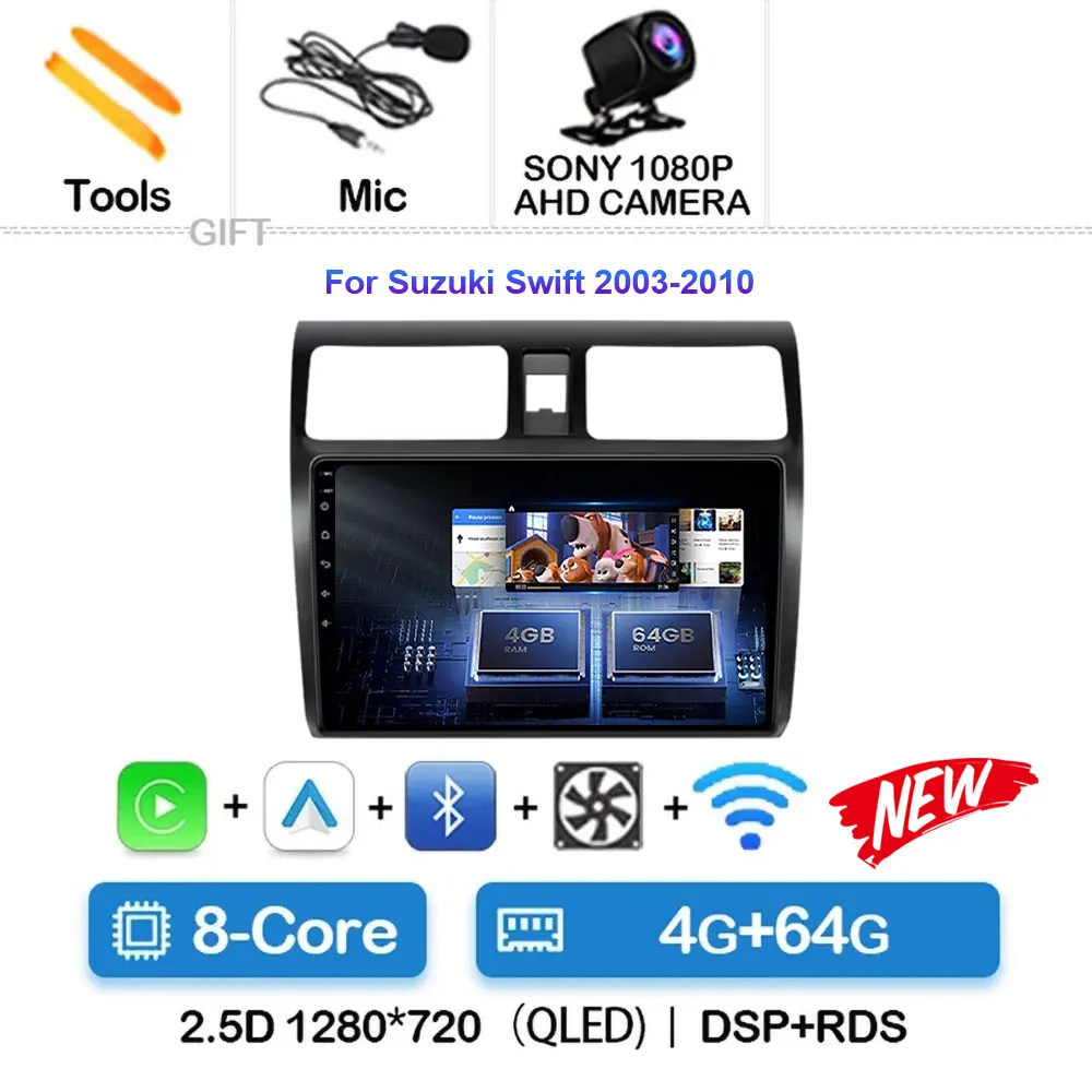 4G+64G Autoradio 2 Din Android 13 Pour Suzuki Swift 2003-2010 10.1" Carplay Sans Fil GPS Bluetooth Caméra Recul