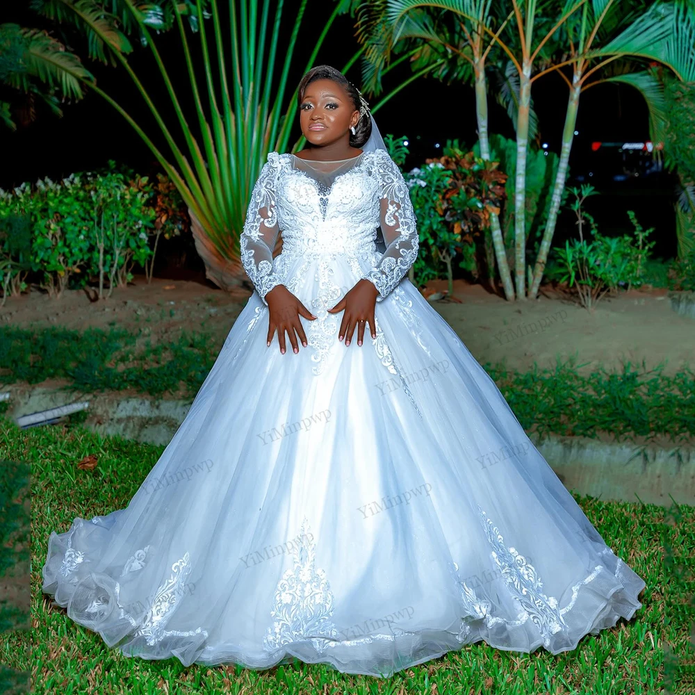 

African Shiny Wedding Dresses Full Sleeve Beaded Applique Lace Luxuries vestidos de fiesta A-Line Tulle Bride Gowns Customized