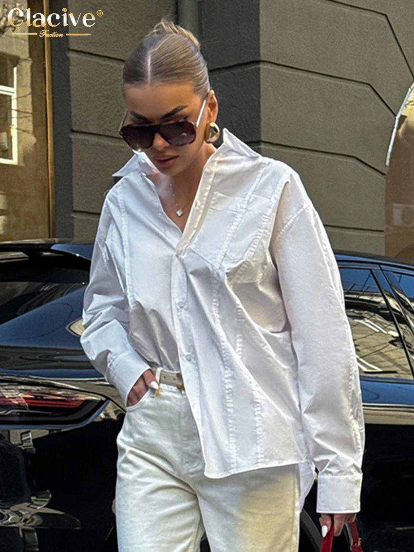 Clacive Fashion Loose White Cotton Women's Blouse 2025 Casual Lapel Long Sleeve Shirt Elegant Classic Solid Tops Female Clothing
