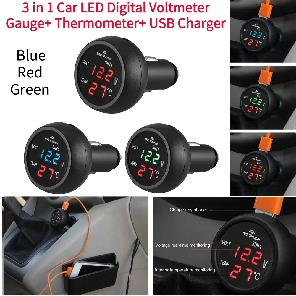 3 in 1 DC 12 V/24 V LED Digital Meter Display USB Auto Ladegerät Voltmeter Thermometer Auto Batterie Monitor LED Digital Dual Displays