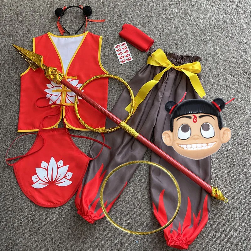 

2025 Nezha Children's Clothing Same Anime Nezha Clothes Halloween Kindergarten Dance Props Full Set Weapon Mask