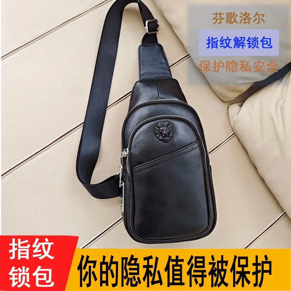 

High-end Men's First Layer Cowhide Multi-zipper Sports Casual Small Backpack Anti-theft Genuine Leather Fingerprint Lock Chest