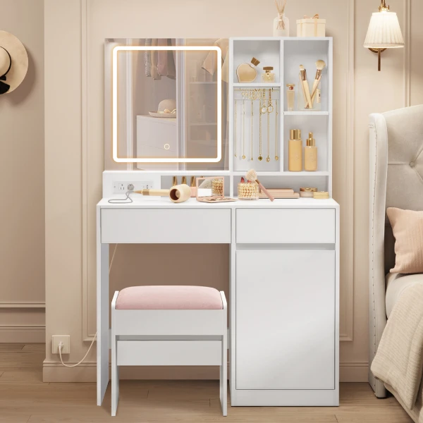 Set With Chair Adjustable Brightness Dressing Table Modern Makeup Table With Power Outlets 90cm Small Vanity Table