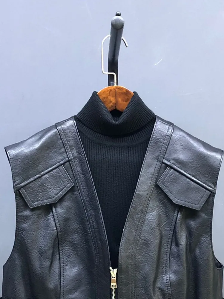 High Quality Ladies Solid Color V-Neck Leisure Style Genuine Leather Vest Handmade Zipper Sleeveless Loose Cowhide Outerwear