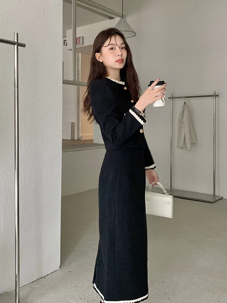 New Korean Fashion Formal 2 Piece Outfit Women Ladies Mujer Elegant Short Coat Tops Jacket Outwear And Long Skirt Slim Black Set