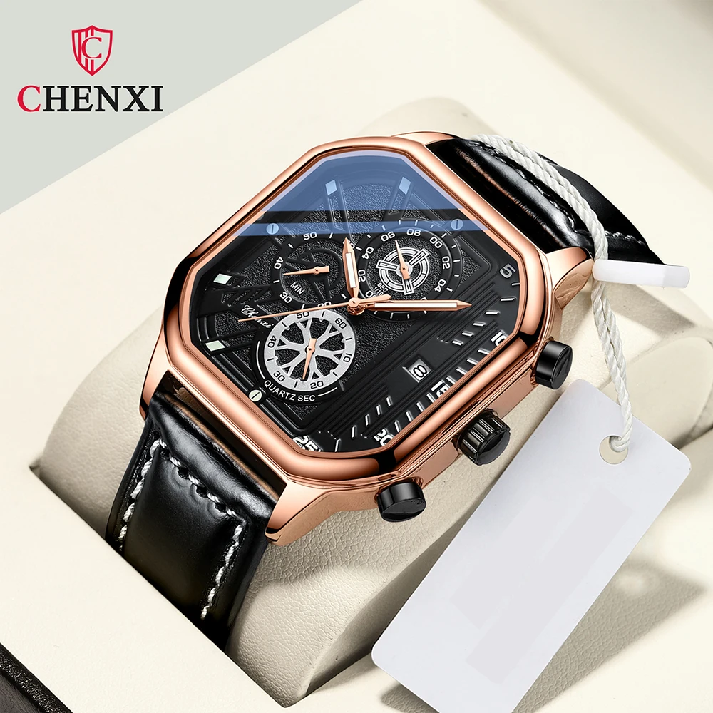 2023 Fashion Men Watch Square Dial Black Leather Chronograph Quartz Wristwatches Sports Casual Waterproof Watches For Men CHENXI