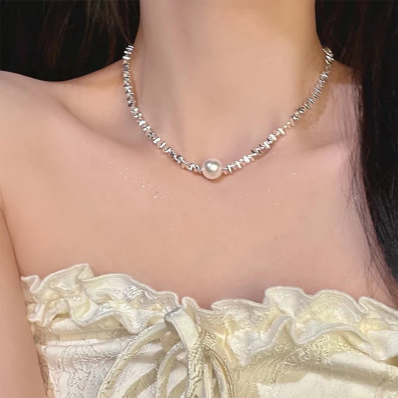 ^Broken Silver Pearl Pendant Necklace Opal Chain Shiny Women Temperament Jewelry Choker Necklace Wedding Jewelry Birthday Gifts