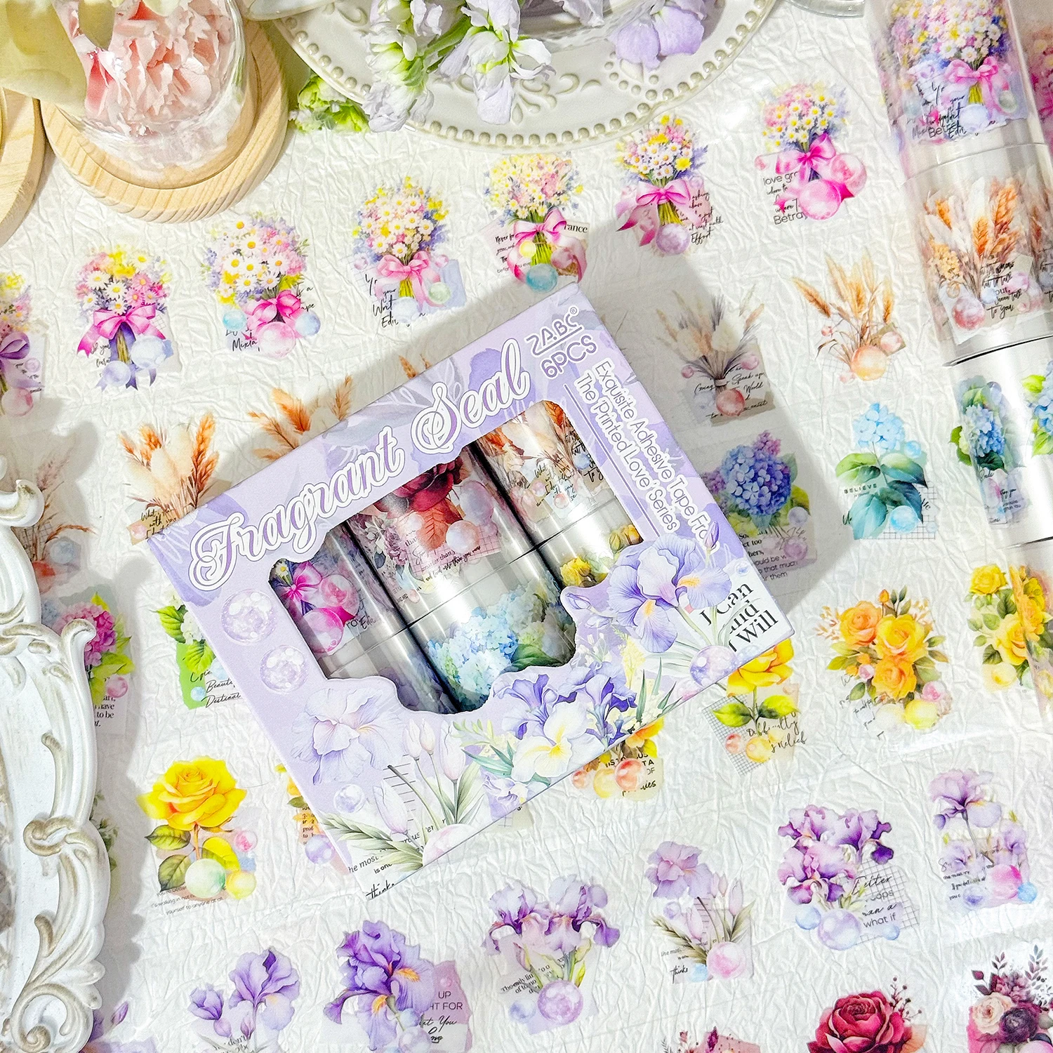 6 Rolls Laser Bright Flowers pattern PET Die cutting Tape Set Decorative Journal Scrapbooking Stickers Masking Tape Stationery