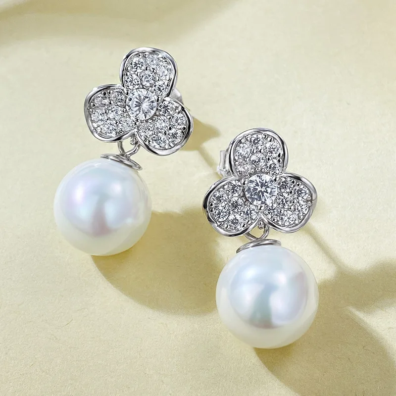 S925 Silver 2023 Fashion Style Seiko Pearl Inlay 11mm Beizhu European and American Fashion Flower Earrings