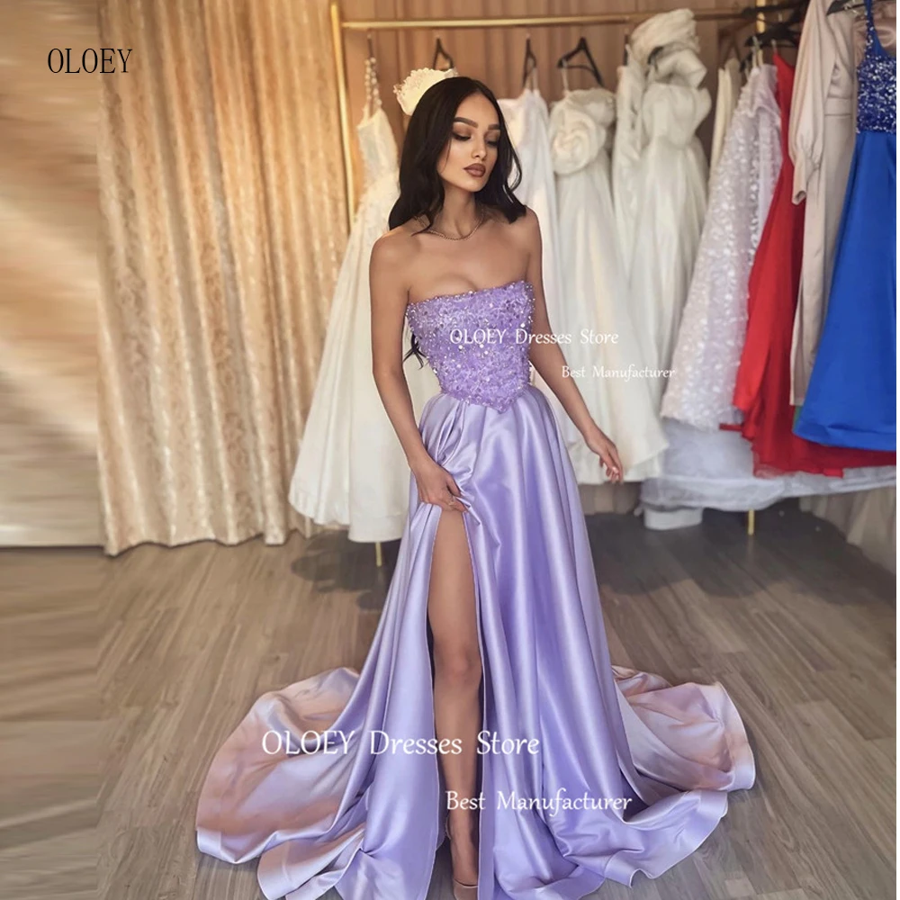 

OLOEY Glitter Lilac A Line Long Prom Dresses Elegant Strapless Split Satin Women Evening Gowns Party Dresses Vestidos de noche