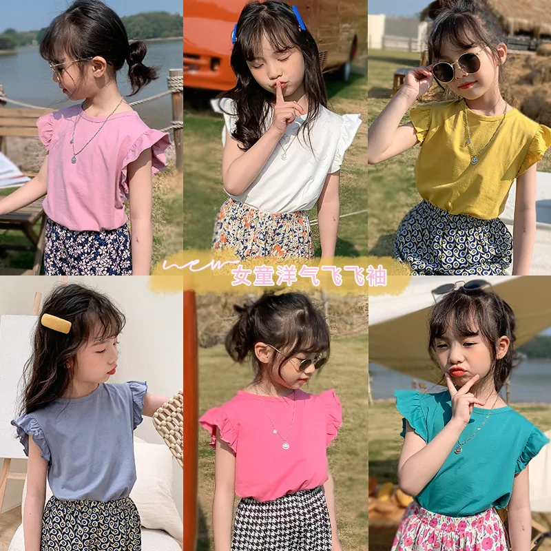 

Baby Girls Ruffles Sleeve T shirt Korean Style Solid Color Toddlers Kids Tops 2022 Summer Cute Shirts Girls Costumes LZ286