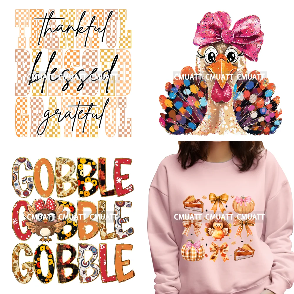 

Colorful Coquette Turkey Pumpkin Gobble Fall Thanksgiving Day Iron on DTF Washable Transfers Stickers Ready to Press for Clothes