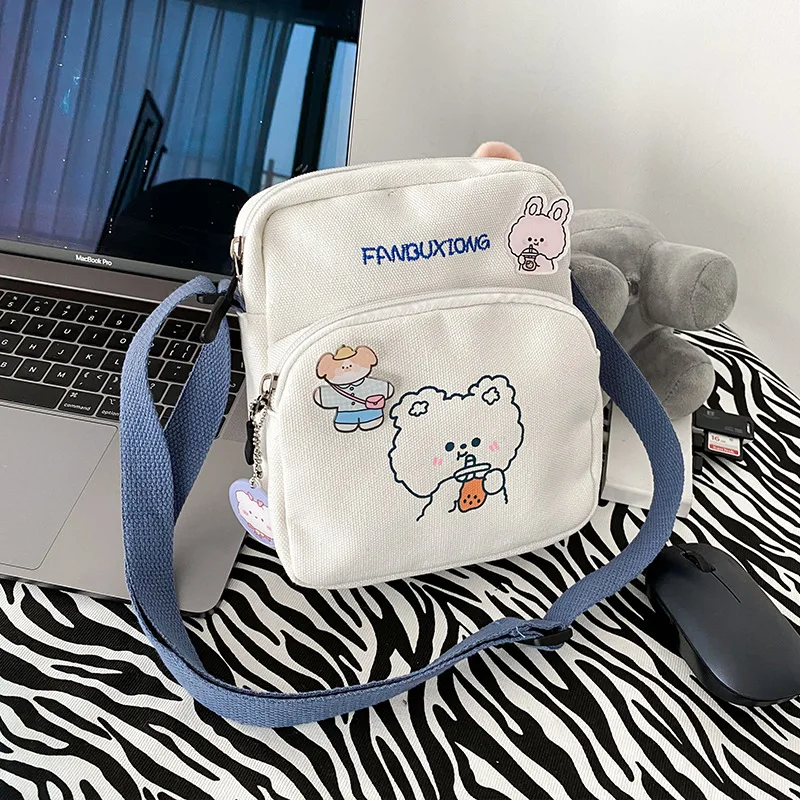 Cute Bear Rabbit Print Crossbody Bags for Women Girls Mini Canvas Square Purse Trendy Cartoon Handbags Shoulder Phone Bag Bolso view 3