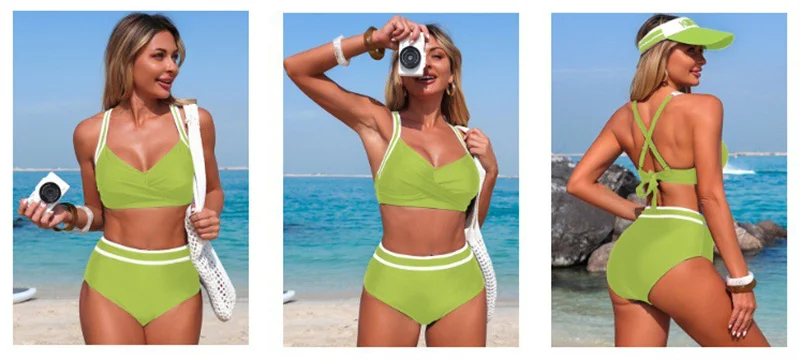 Damen-Bikini-Set mit hoher Taille, Twist-Front und überkreuztem Rücken, zweiteiliger Badeanzug, Retro-Badeanzug mit Bauchkontrolle, Sommer-Strand-Bademode – Detail 6