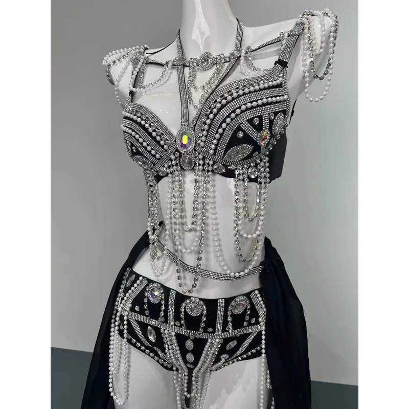 Bar Nightclub Black Rhinestones Beading Bikini Trailing Dance Outfit Women DJ Singer Pole Dance Team Sex Stage Wear Show Costume