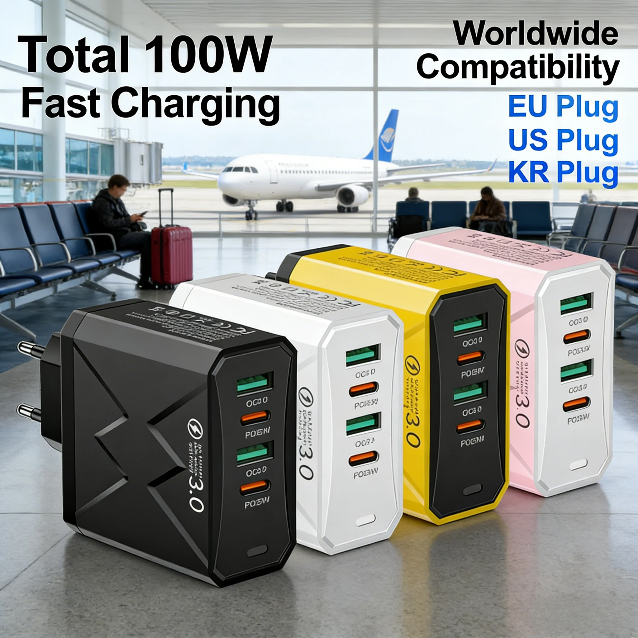 100W USB Typ-C Schnellladegerät, schnelles Ladewandnetzteil, Multi-Port-Reiseladegerät mit EU-, US- und KR-Stecker für iPhone, Xiaomi, Huawei