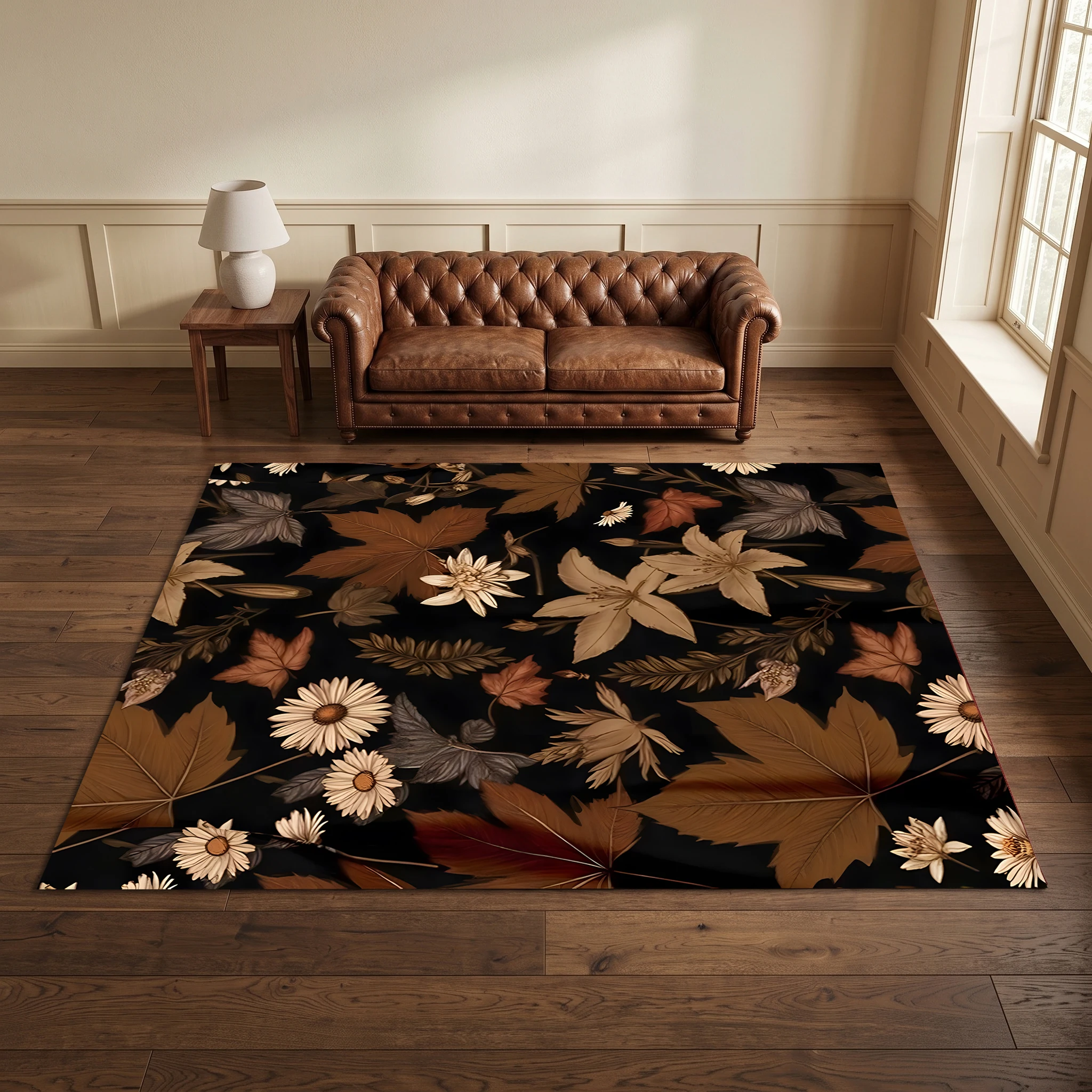 Brown Maple Leaf and Daisy Dried Plant Print Vintage Maillard Style Velvet Rug, Autumn and Winter Style, Suitable for Living Room and Bedroom, Creating a Rich Autumn Harvest Atmosphere