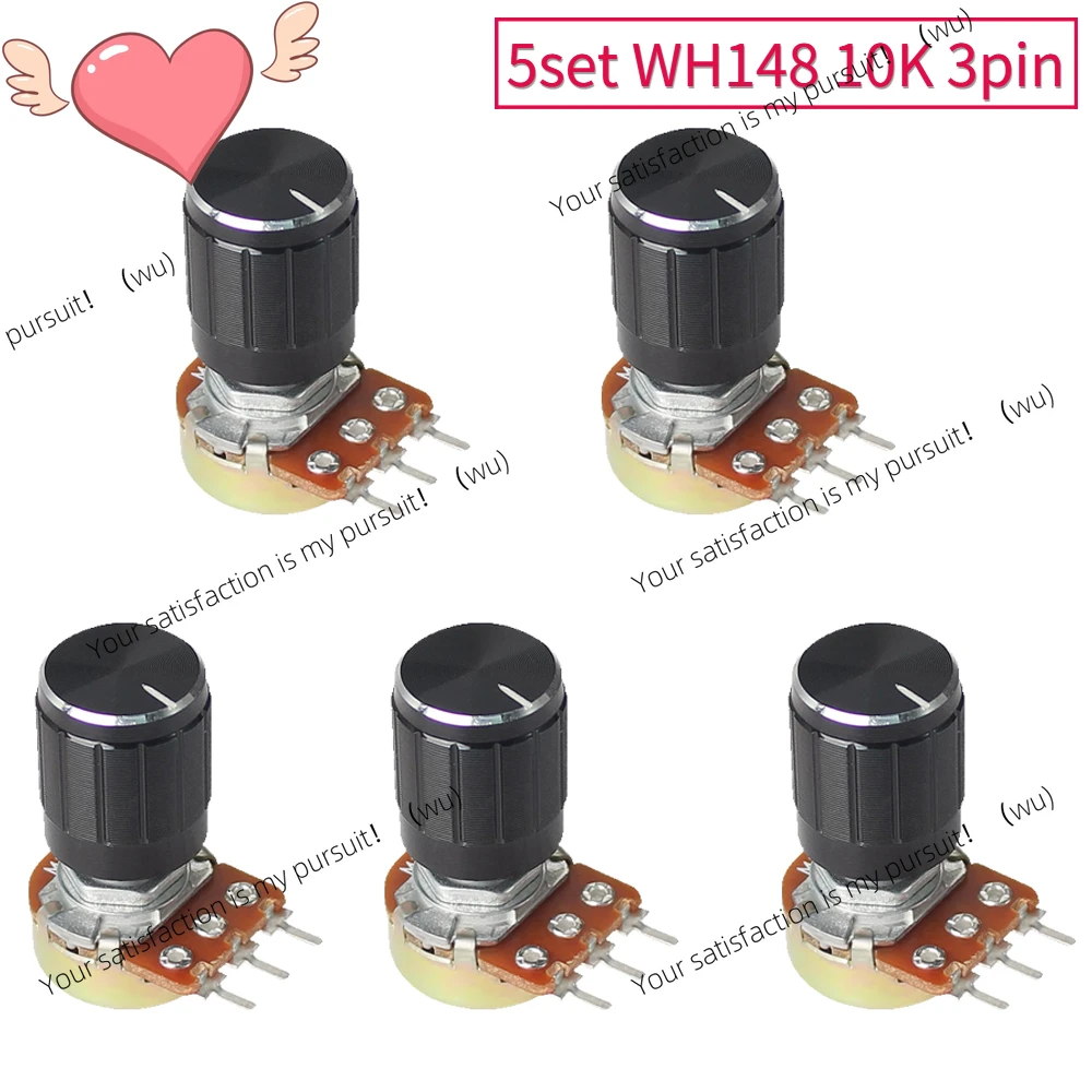 10 sets of 10K WH148 linear potentiometer resistance kits 15mm shafts with black aluminum alloy knob cap 3 pins for Arduino