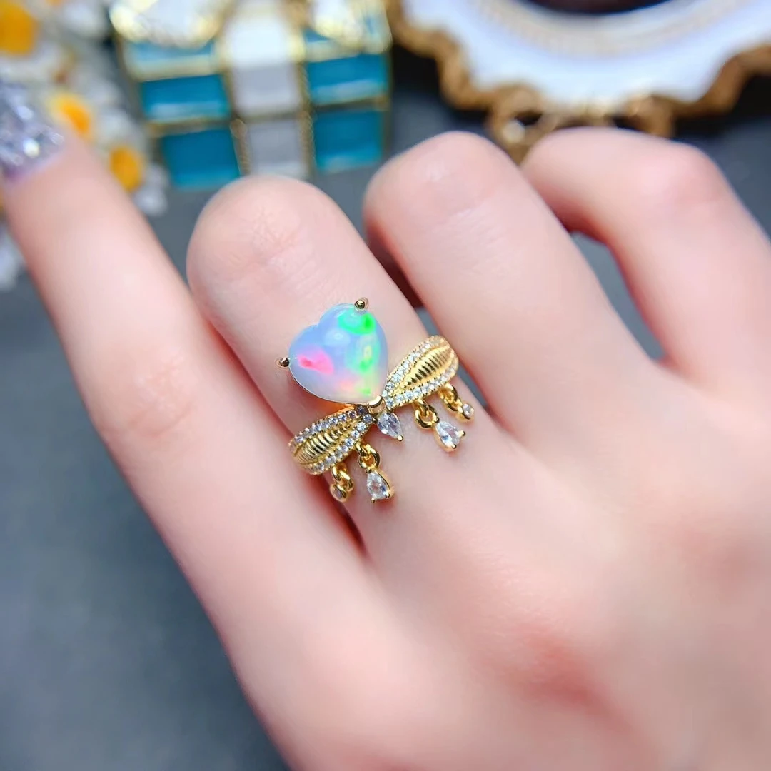 

Natural Heart Shape Opal Ring 10mm 2ct Australia Opal Silver Ring for Party Solid 925 Silver Gemstone Jewelry with Gold Plated