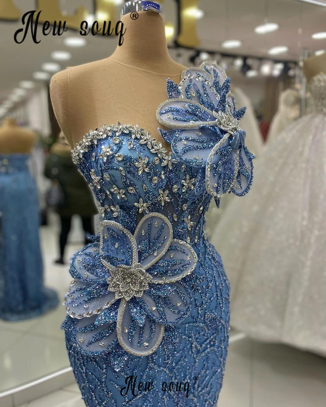 Vestido De Gala De lujo con cuentas azules brillantes, Vestido De Dubái De un hombro, moda De sirena, ocasión, 2024