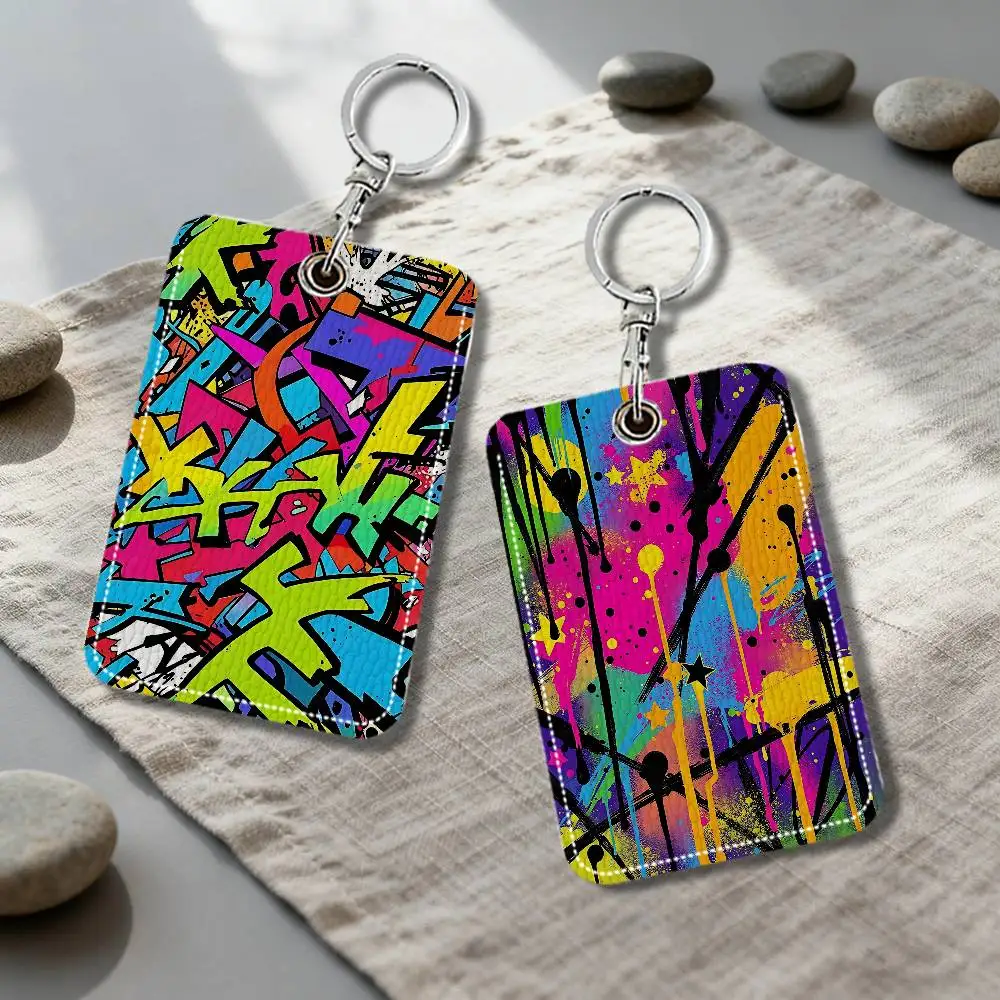 

Colorful Graffiti-Printed Keychain Card Holders Keyring Bank Bus ID Credit Cards Key Ring Chains Gift