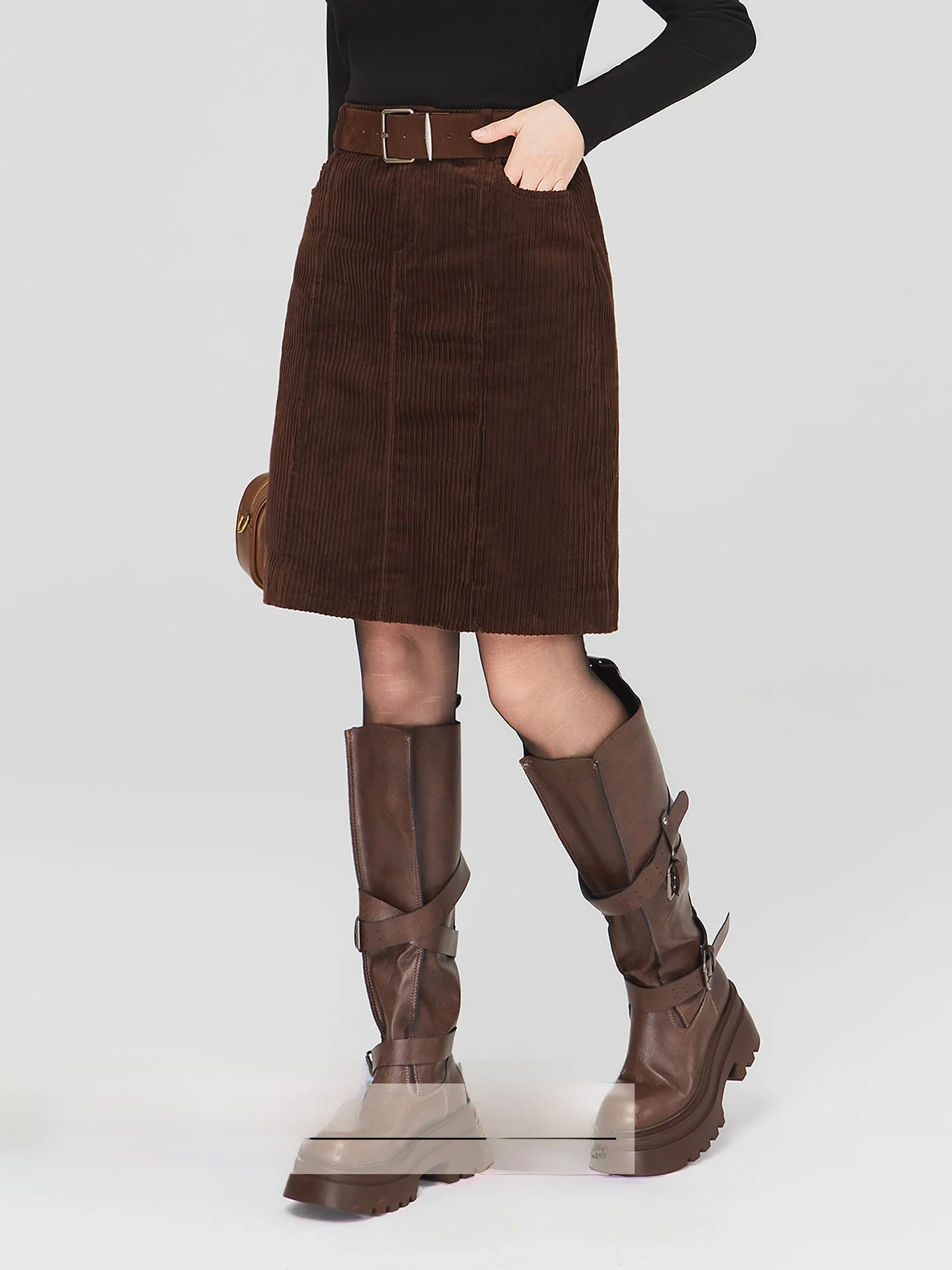 

Вельветовая юбка с высокой талией для женщин, зимние большие размеры, коричневые юбки для похудения, корейские юбки для поездок на работу