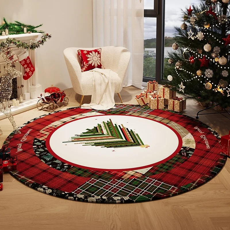 

Christmas Round Rugs Living Room Retro Light Luxury Soft Short Plush Bedroom Rug Bedside Floor Mats Non-slip Easy Clean Carpet