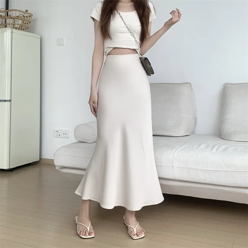 Style coréen décontracté été rouge Satin queue de poisson jupe pour les femmes taille haute mince élégant Maxi trompette dame