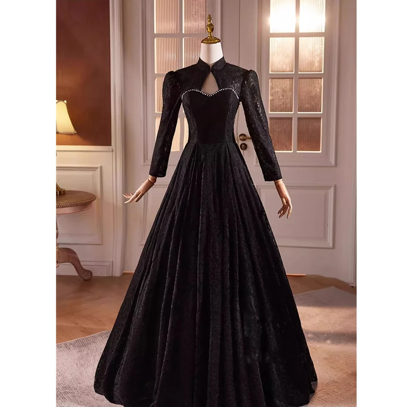 Evening Dresses Custiomization Black Lace Pearls High Collar Full Sleeves A-line Floor-length Plus size Women Party Formal Gowns