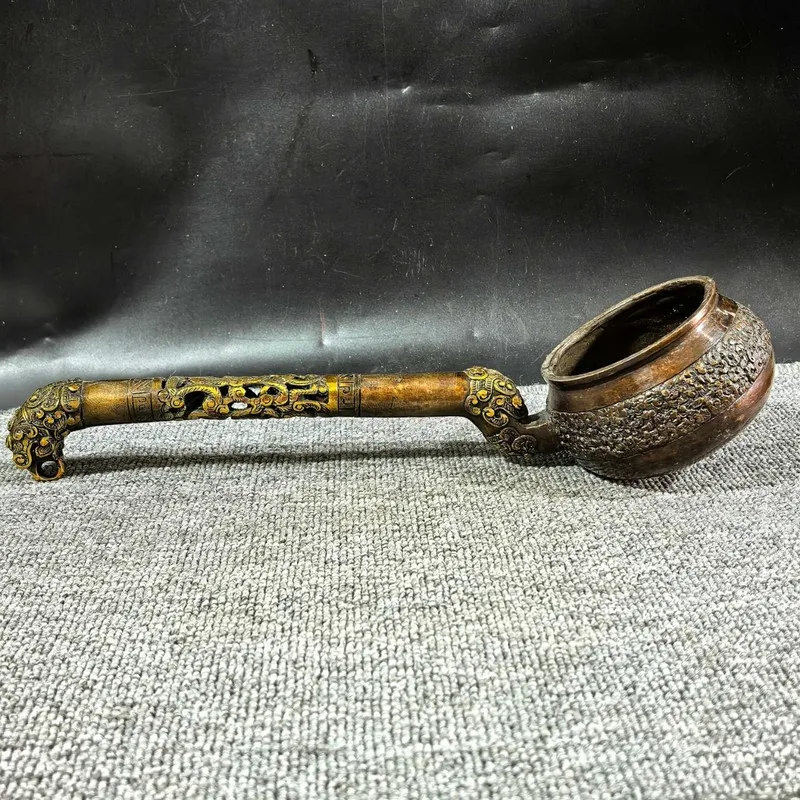 Antique bronze spoon with gilded dragon head and carved patterns, long handle, antique finish, handcrafted