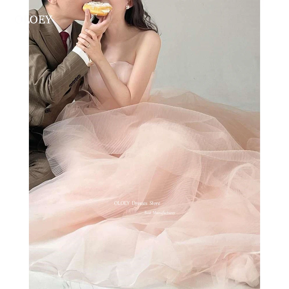 OLOEY Elegant Blush Pink Tulle Long Evening Dresses Wedding Photoshoot Strapless Floor Length Prom Gowns Formal Party Dress