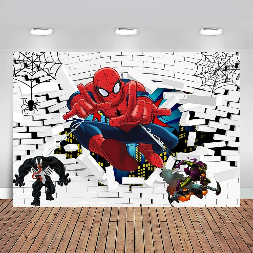 Spiderman Photography Backdrop Super City Spiderman White Brick Wall Photo Background for Superhero Spiderman Kid Birthday Party