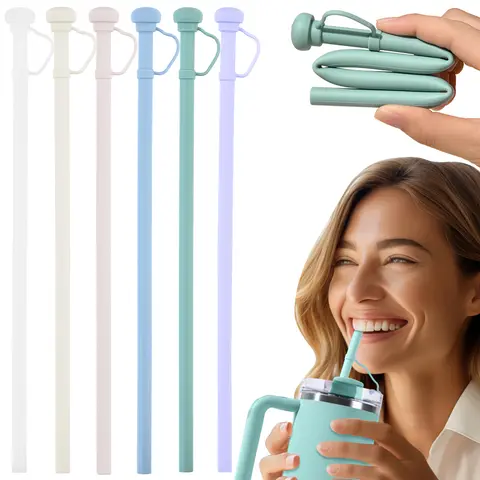 Silicone Long Reusable Straw with Straw Cover Drinking Straw Dustproof Soft Straw for Stanley 20/30/40oz Tumbler