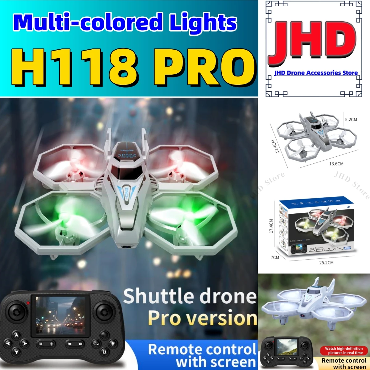 

JHD для дрона JJRC H118 Pro с многоскоростной регулировкой, великолепные светодиодные фонари, разноцветные фонари, интеллектуальный объемный полет