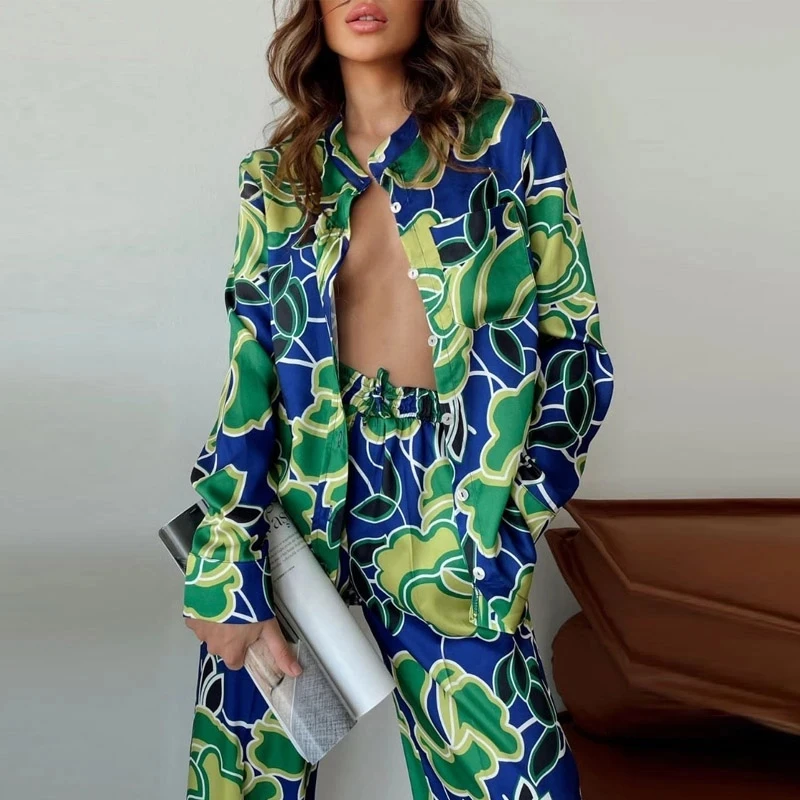 Fashion Printed Pajamas Set Women Retro Loose Long Sleeve Blouse Straight Pants Suit 2024 Summer Casual Two Piece Set Sleepwear