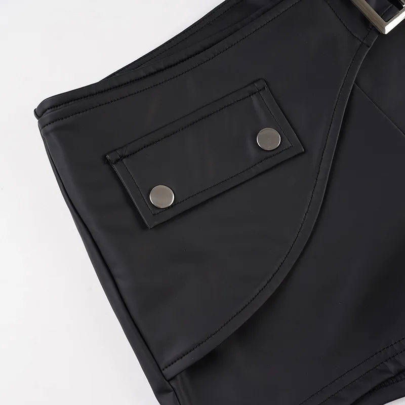 スパイスガールズ風バックルベルトPUレザーショートパンツ レディース レトロ ナイトクラブ セクシー ローウエスト ヒップラップ レザーショートパンツ