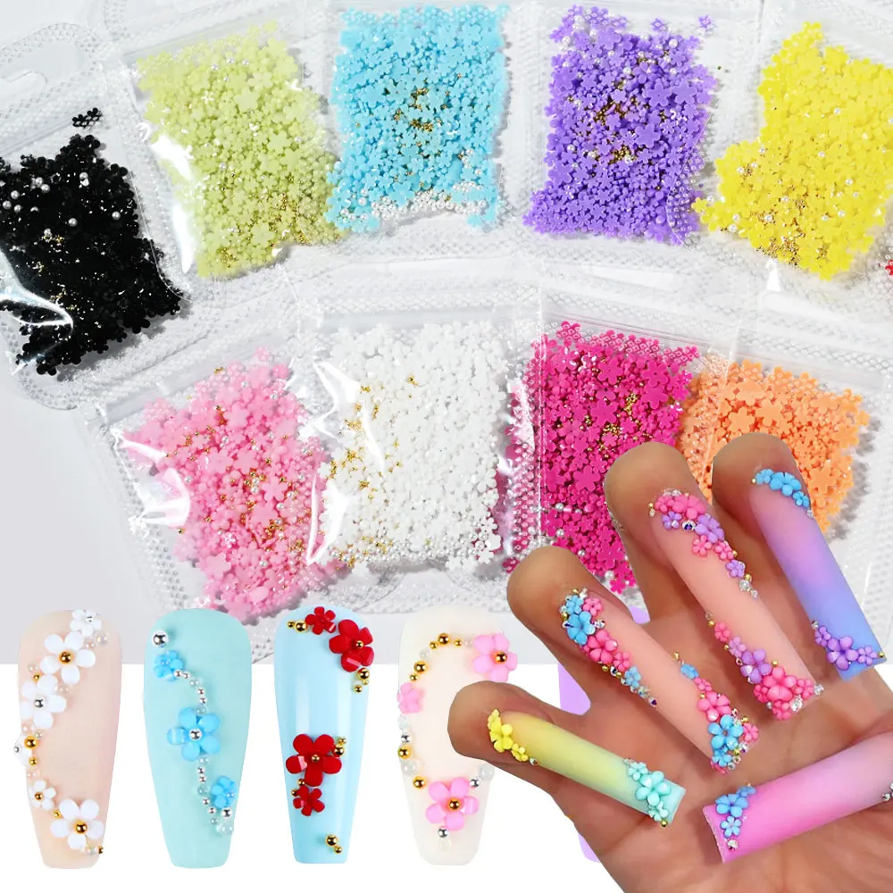 5G Colorful Resin Five-Petal Flower Nail Charms 3D Pink/White/Green/Rose Acrylic Flower Nail Rhinestones with Gold & Pearl Beads