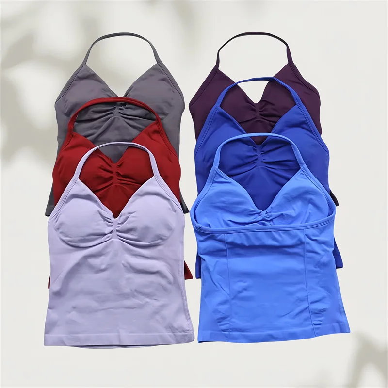 2 قطع النساء تأثير اليوغا مجموعة سلس الخطوط الطويلة Strappy تانك القمم Scrunch السراويل الرياضية الصالة الرياضية ملابس امرأة الصيف تجريب الزي