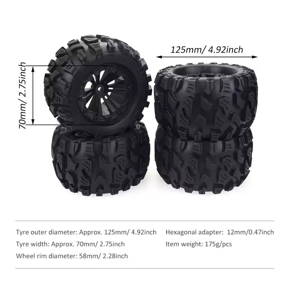 ZD Racing 4PCS 12mm Racing HEX &125mm Wheels Tires For 1/10 Monster Truck Off Road HPI HSP Savage XS TM Flux LRP