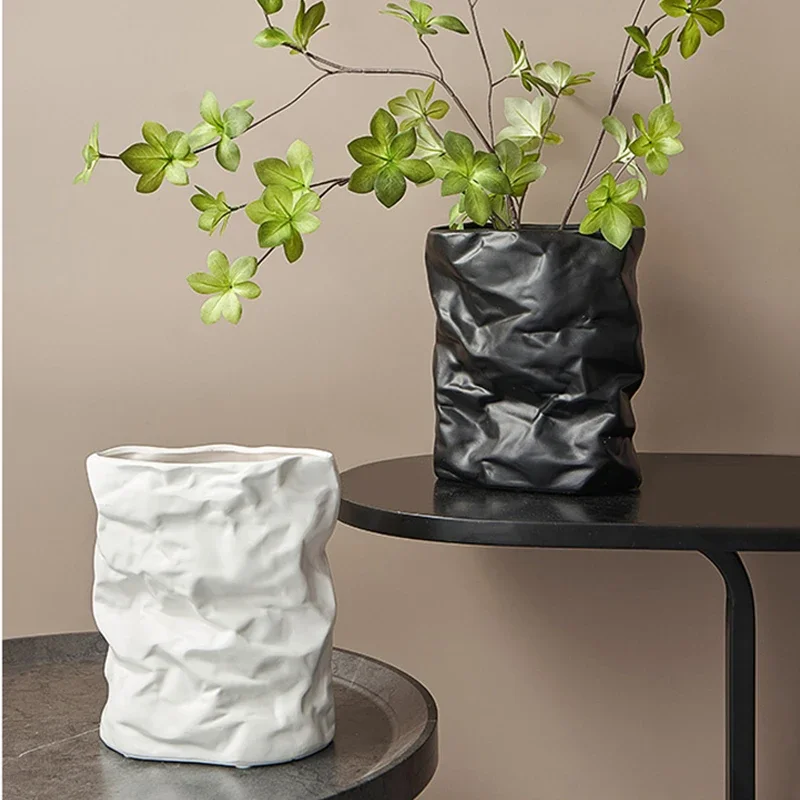 Nordic Ceramic Resin White Black Vase Simple Wastebasket Shape Vase Flower Pot Art Decor Desk Ornaments Paper Bag Vase