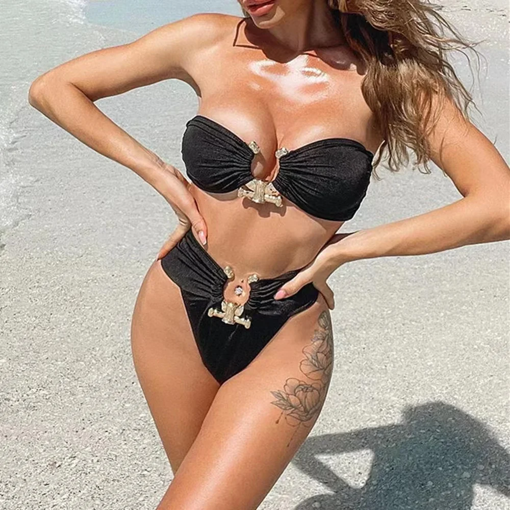 2023 Sexy stałe czarne Bikini kobiety Off Shoulder wysokie cięcie Push Up wyściełana Rhinestone stroje kąpielowe brazylijski strój kąpielowy strój