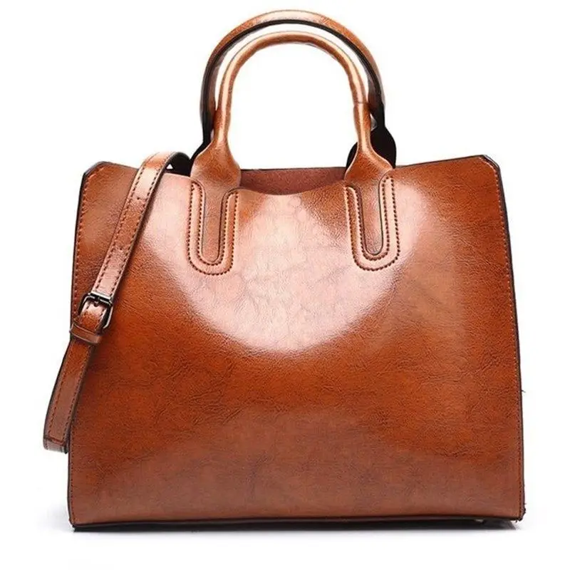 

Ladies Large Oil Wax Leather Tote Hand Bag Vintage Artistic Style Soft Handle Roman Bag Single Strap Zipper Closure Pure Color